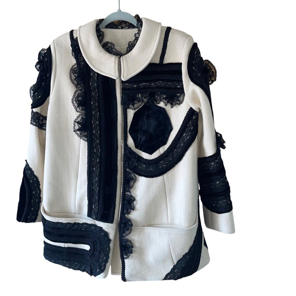 Vintage Womens Coat Size Medium Cream Custom Made Velvet Lace Casual Wool